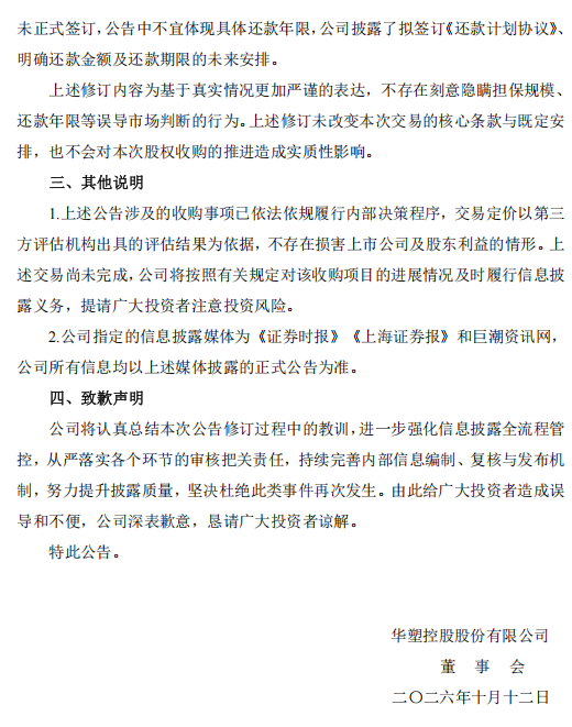 华塑控股致歉：工作人员上传失误出现修订痕迹，不存在刻意隐瞒或误导市场行为