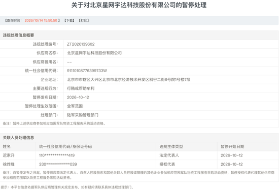 星网宇达遇到大麻烦，存在行贿行为被暂停军采资格